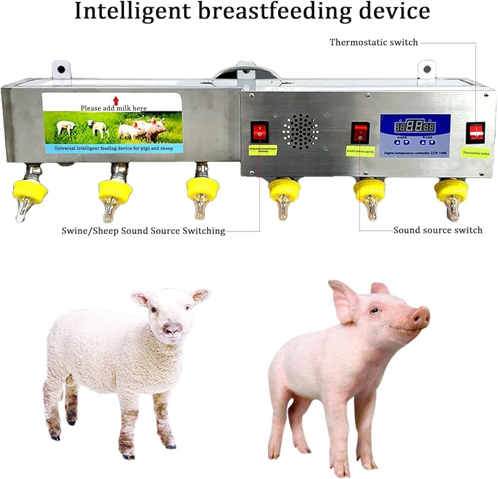 6 comederos de pezones totalmente automáticos, alimentador de leche y agua a temperatura constante, dispositivo de lactancia materna con simulación de sonido, para lechones y corderos