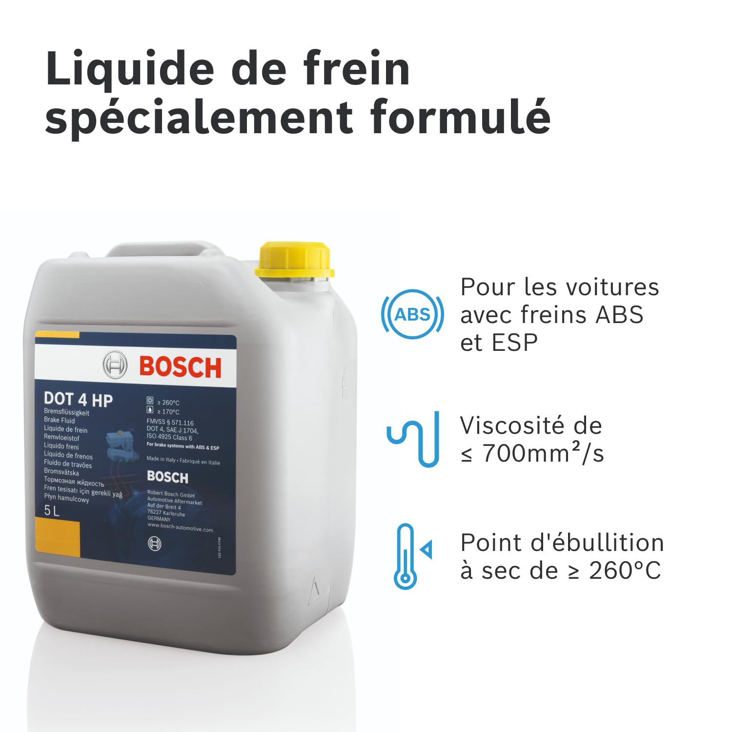 Bosch DOT4 HP Brake Fluid - 5L | Pour Tous les Véhicules Modernes Équipés de Freins ABS et ESP