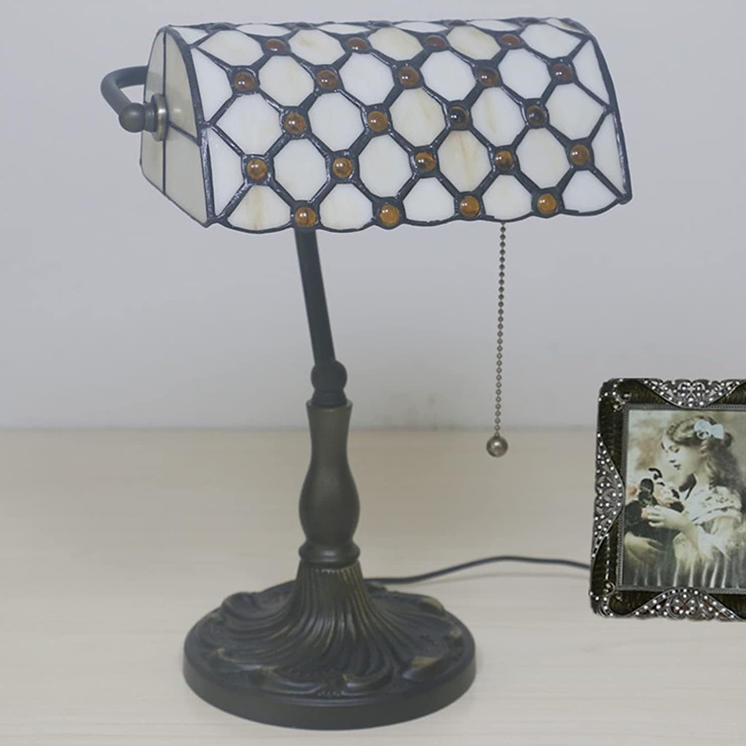 Bankiers Tischlampe, farbige Glaslampe, Kristallperlenschreibtischlampe, Schlafzimmer in der Nacht Leselampe (beige brauner Glasperlenschatten) Innovate