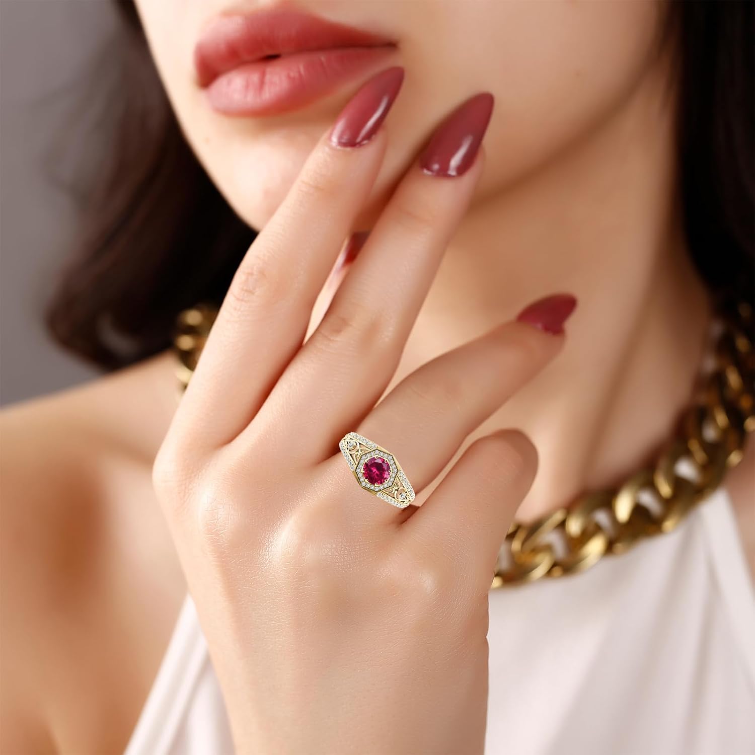 10K 14K 18K Gold Round Cut Gemstone Vintage Rings for Women 7MM(1.3CT) Gemstone and Moissanite/Diamonds Promise Statement Anniversary Ring for Her Size 4-15