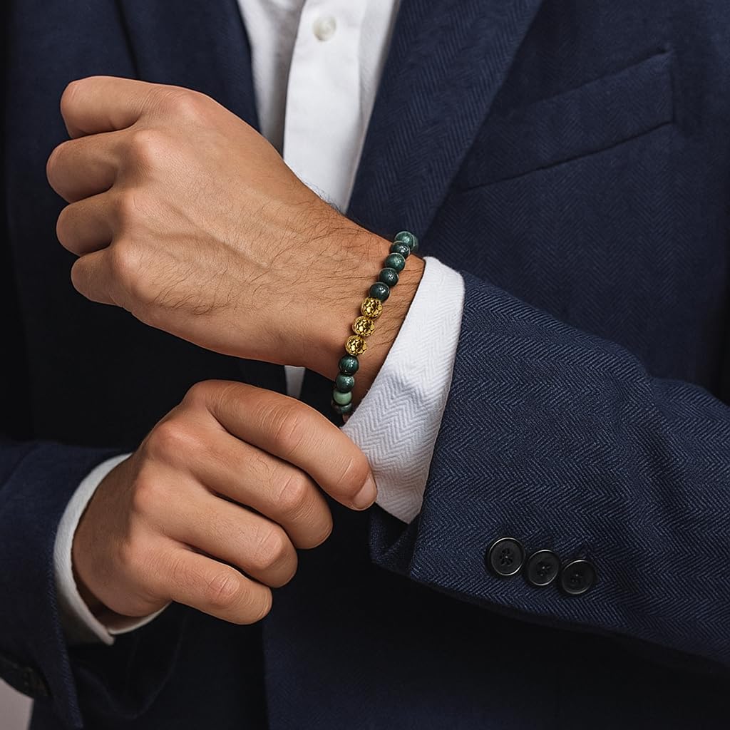 Kartini Studio Dark Green Jade and 22K Gold Plated Sterling Silver Beads Bracelet, Quality Bead Jewelry for Men