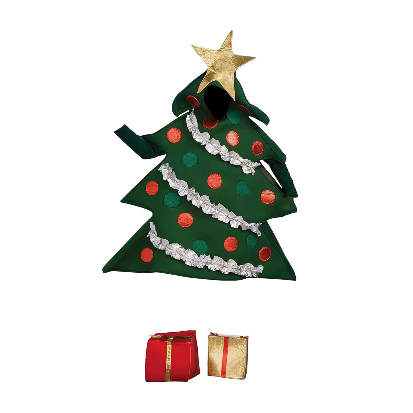 Weihnachtsbaumkostüm für Erwachsene mit Ornamentdetails und goldenen Schuhüberzügen, Verkleidungsset für Cosplay und Weihnachtsfeiern (Größe 155-175 cm)