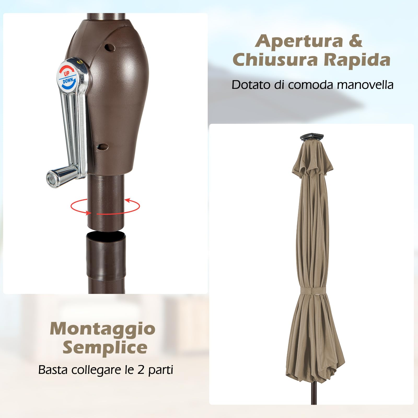 RELAX4LIFE Ombrellone da Giardino 3m/2,7m/2,3m con Luci LED, da Esterno per Protezione Solare, Parasole per Terrazza, Balcone, Spiaggia (Marrone-3M)