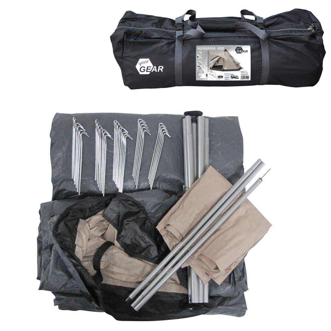 your GEAR Tente Numana 400 Tente tipi familiale 4-6 Personnes auvent Hauteur Libre Tapis de Sol Cousu imperméable 5000 mm Gris Beige