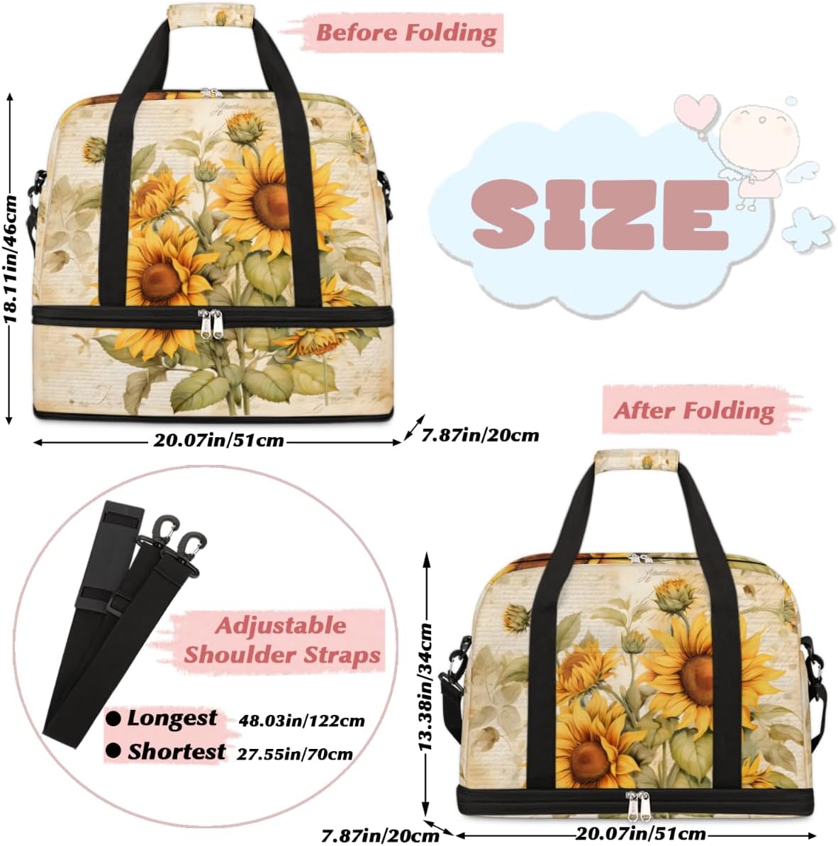 QsirBC Sunflower Classic Design Gym Bag for Women Duffle Tote with Shoes Compartment Men Weekender Duffel for Dance Travel Sports Swimming Overnight