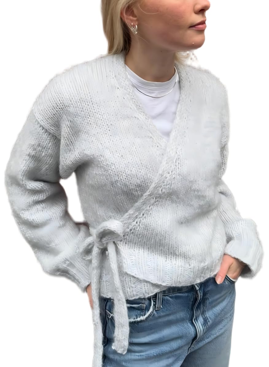 Ballet Wrap Knit Top Women V Neck Long Sleeve Side Tie Crop Sweater Fall Sexy Pilates Ribbed Pullovers