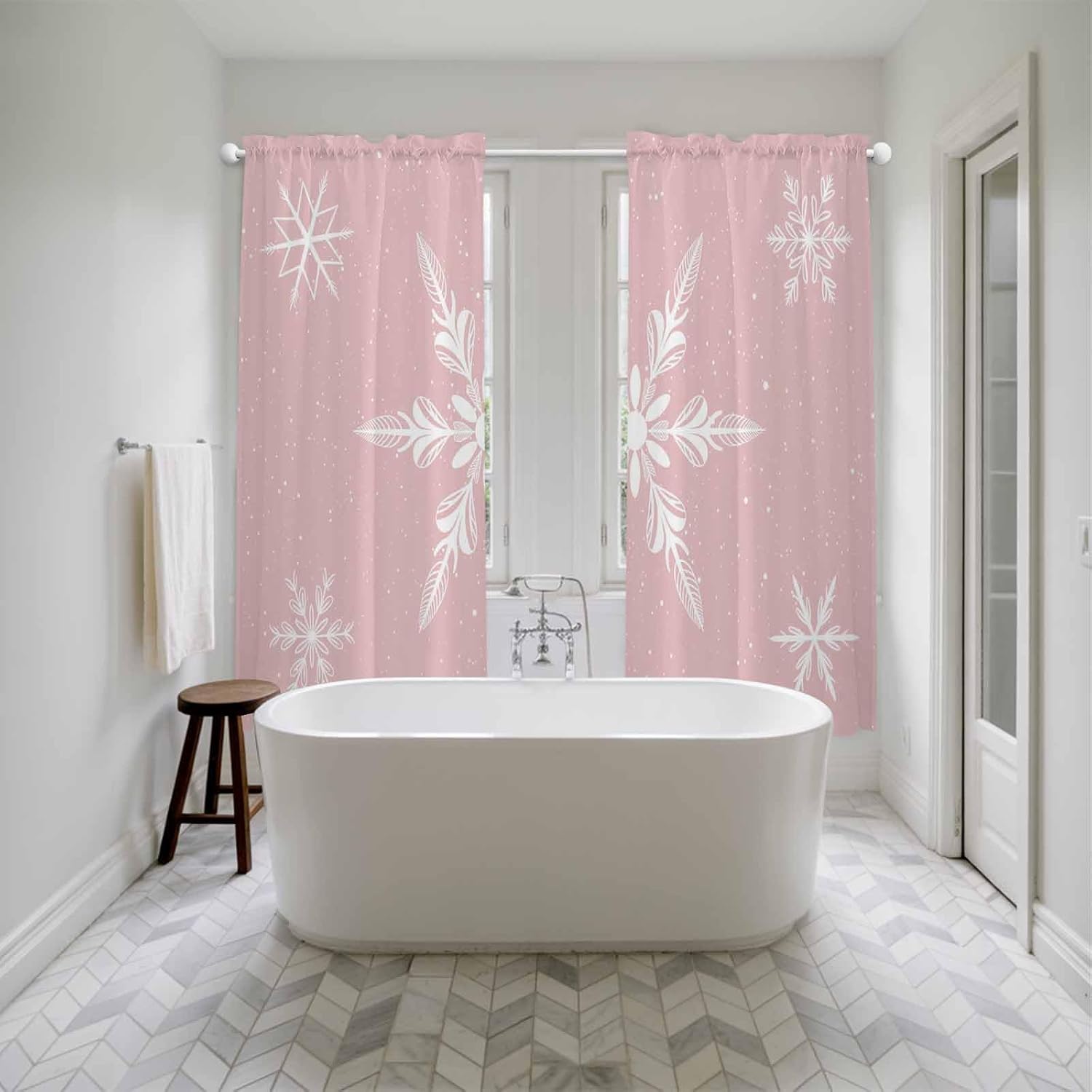 Pink Christmas Window Curtains 72 Inch Long 2 Panel Set, Rod Pocket Long Curtains & Drapes, Xmas Snowflake Winter Light Filtering Window Treatment for Bedroom Living Room 52" W x 72" L