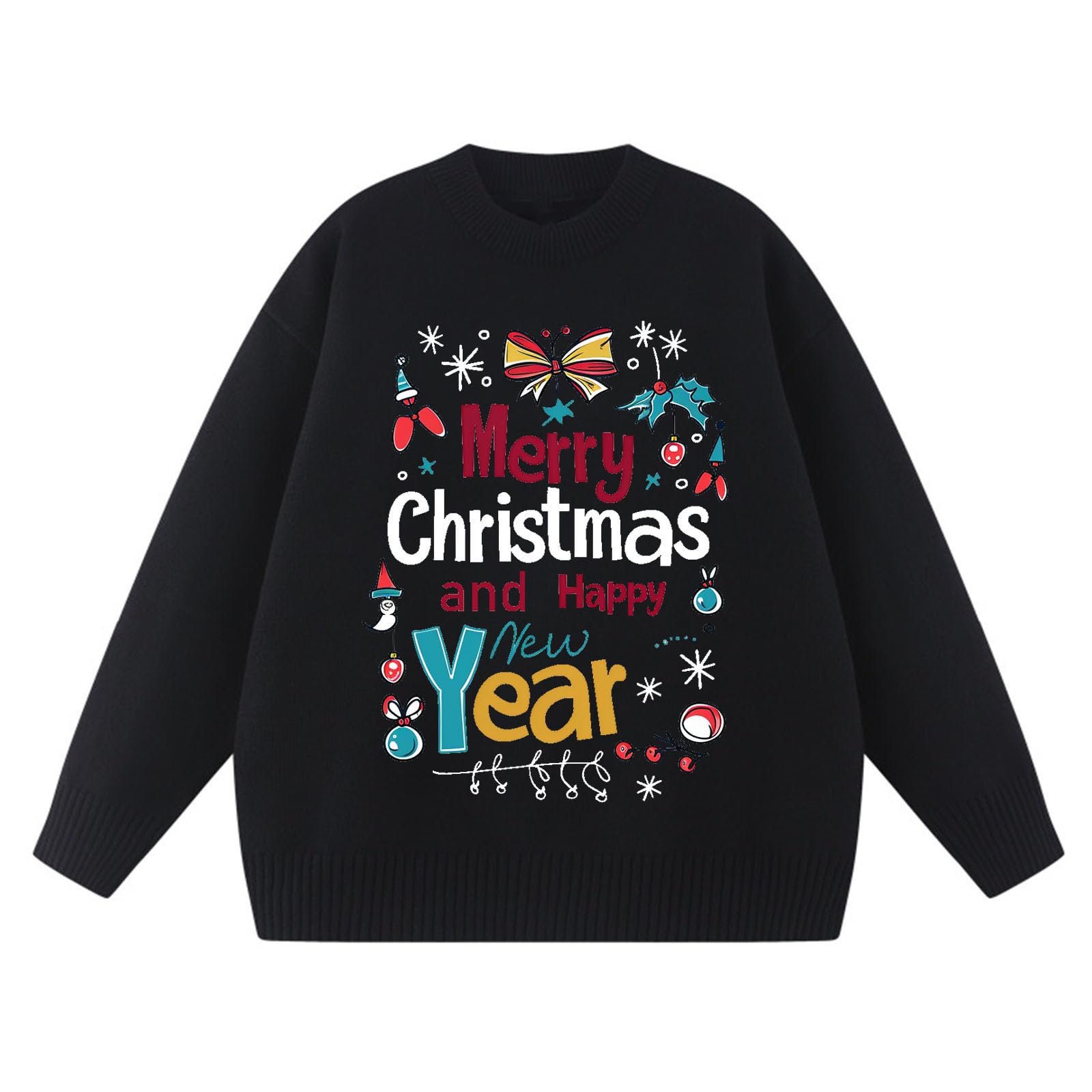 Suéteres de Navidad para mujer, diseño de Feliz Navidad y Feliz Año Nuevo, suéteres de Navidad de punto acanalado para mujer, otoño e invierno, cuello redondo, divertida, novedosa, talla grande