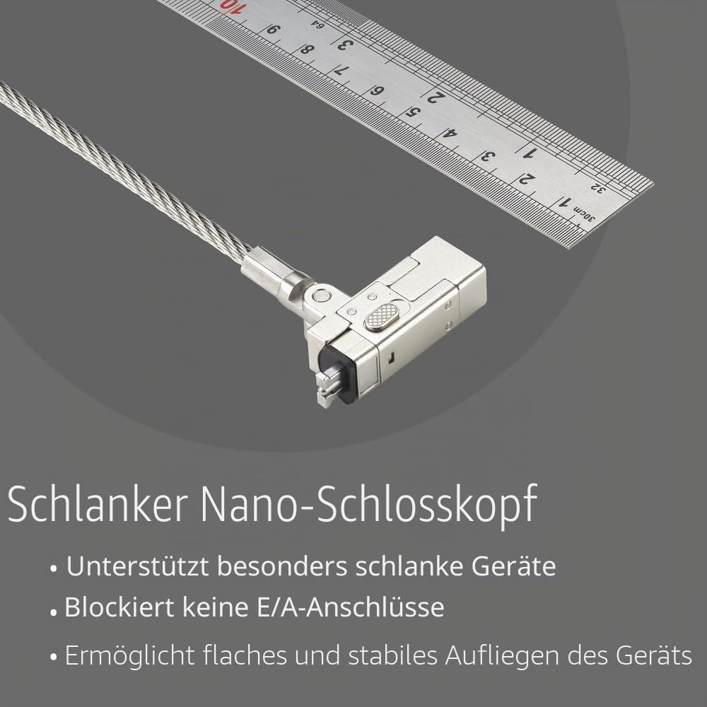 Kensington Slim NanoSaver 2.0 EQ Notebook-Schloss & Schlüssel, abschließbares Sicherheitsband für ultradünne Notebooks, universelle Passform, 1,8 m starkes Karbonstahlkabel (K60630WW)