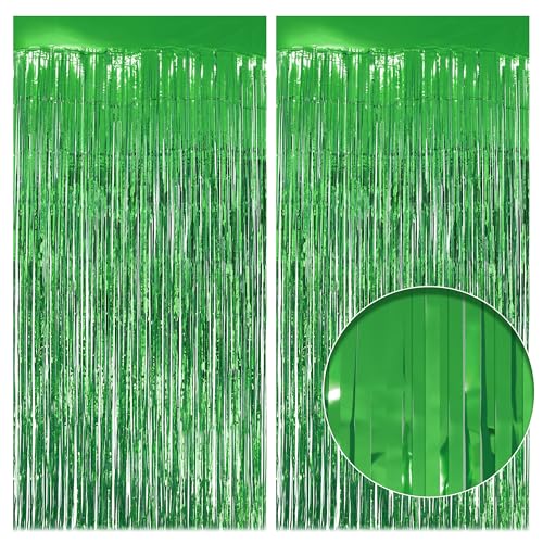 2 Pack Green Fringe Backdrop, 3.2x8.2ft Shining Foil Tinsel Curtains, Birthday Party Decorations Door Streamers for Halloween, Christmas, Wedding, Graduation, Holiday, Theme Events