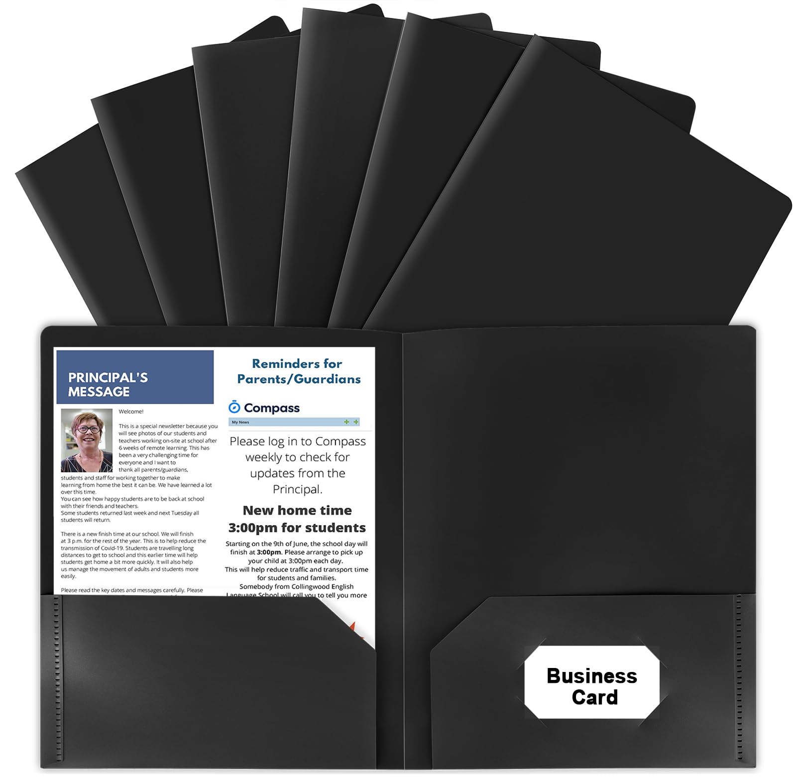 HABGP 6 Pack Black File Folders with Pockets and Business Card Slot, Letter Size Plastic 2 Pocket Folders for Documents, Office Filing Cabinet Folders, School Supplies for College Students