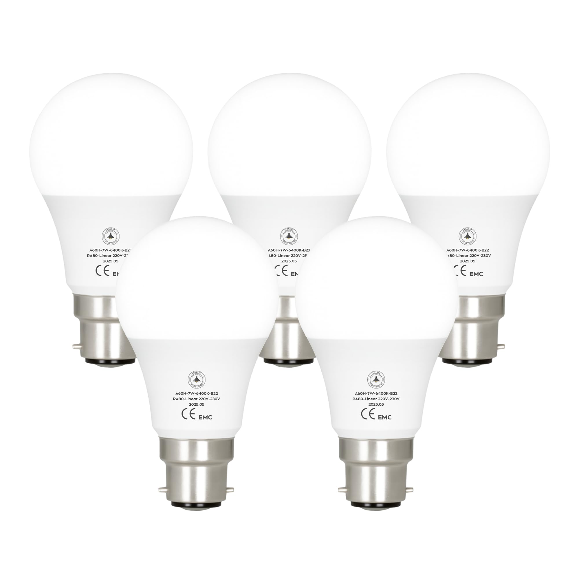 5 Pack, LED Bayonet Light Bulb, A60 7W (60W Equivalent) Non-dimmable Cool White 6400K 806lm Super Bright B22 BC Base GLS Energy Saving Light Bulb [Energy Class A]