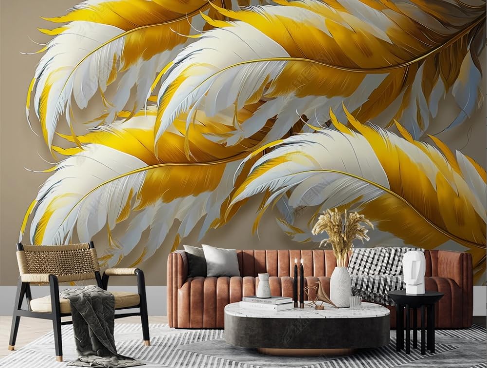 Papier peint intissé plumes blanches et dorées 300x210 cm pour grand panoramique mural