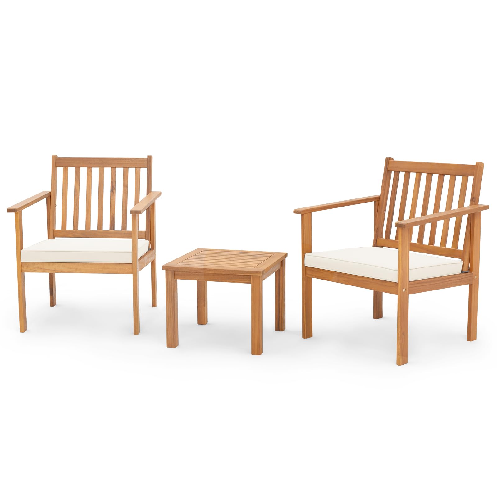 KOMFOTTEU Juego de Muebles 3 Piezas de Madera de Acacia, Conjunto de Mesa y 2 Sillas con Cojines Extraíbles y Respaldo de Listones, Set de Conversación para Terreza, Balcón,Patio (Lamas Verticales)