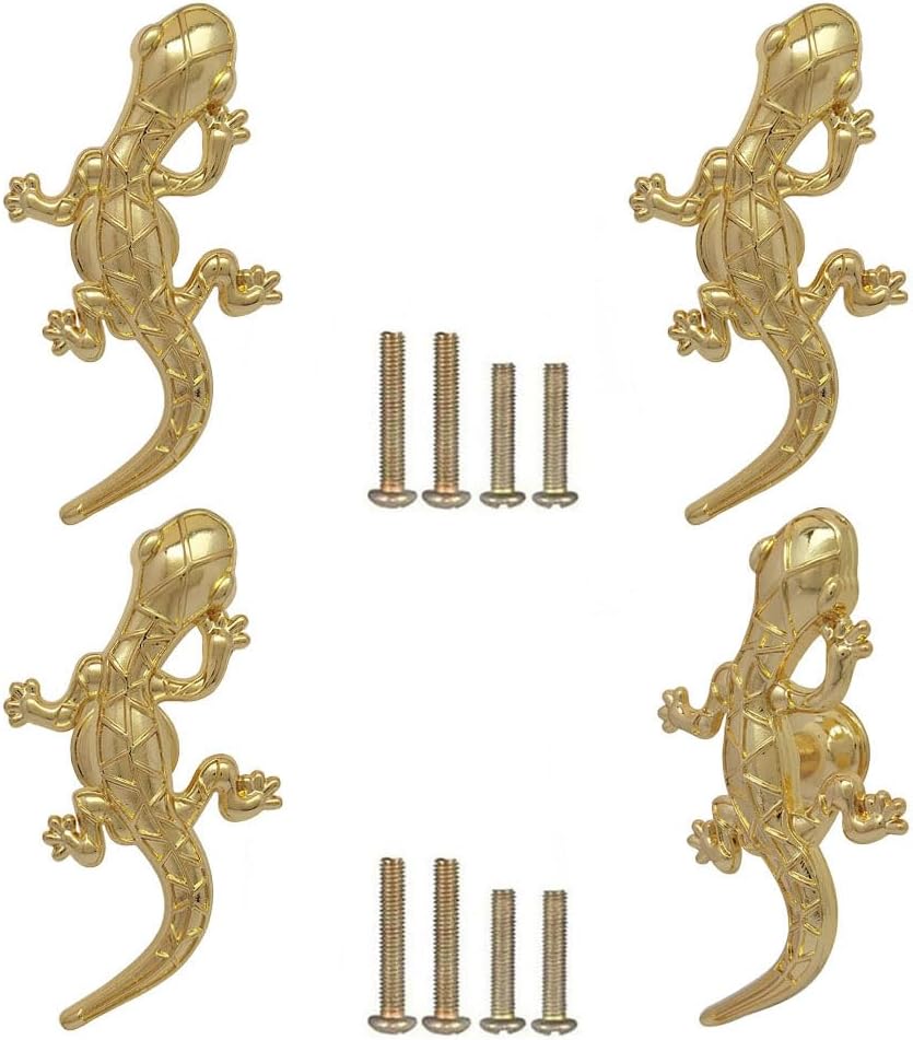 4 Pcs Gecko Cabinet Knobs, Decorative Animal Lizard Shaped Knob Pull for Dressers, Drawers, Wardrobes, Doors, and Kitchen Furniture Decorative Hardware, Metal Zinc Alloy Single-Hole Handles (Gold)