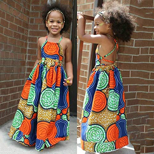 Girls African Dashiki 3D Digital Print Suspenders Princess Dress Summer Kids Bohemian Casual Strap Dresses(Orange,6-7 Years)2