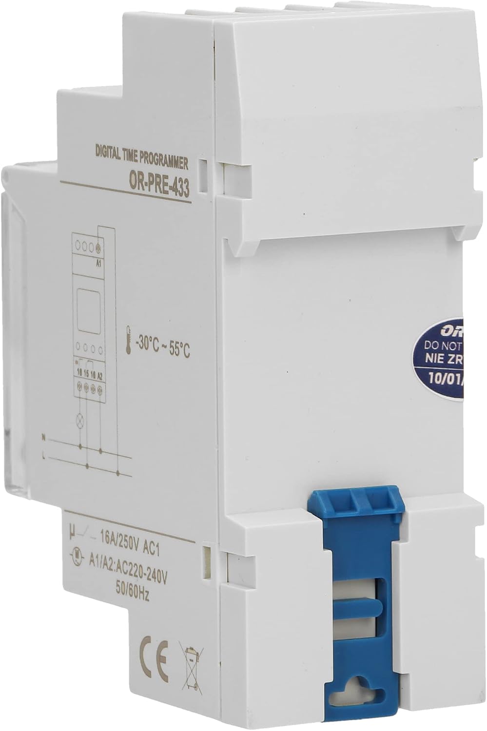 Side view of the ORNO PRE-433 Digital Timer Relay, showing the wiring diagram and technical specifications.