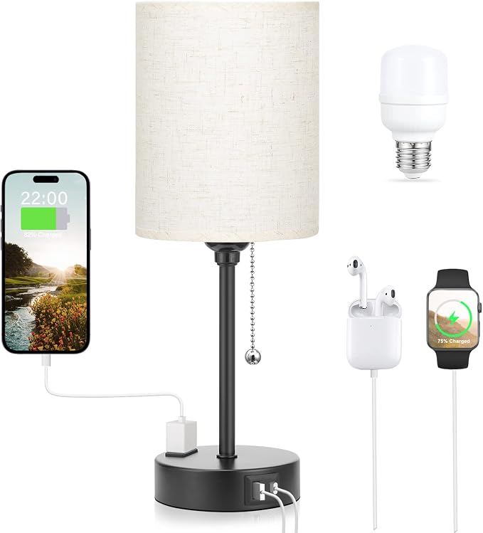 Dicoool Small Bedside Lamps 3 Color Modes - 3000K 4000K 5000K Bedroom Lamps with USB C and A Ports, Pull Chain Gold Table Lamps with AC Outlet, Nightstand Lamps with Gold Metal Base for Kids Reading