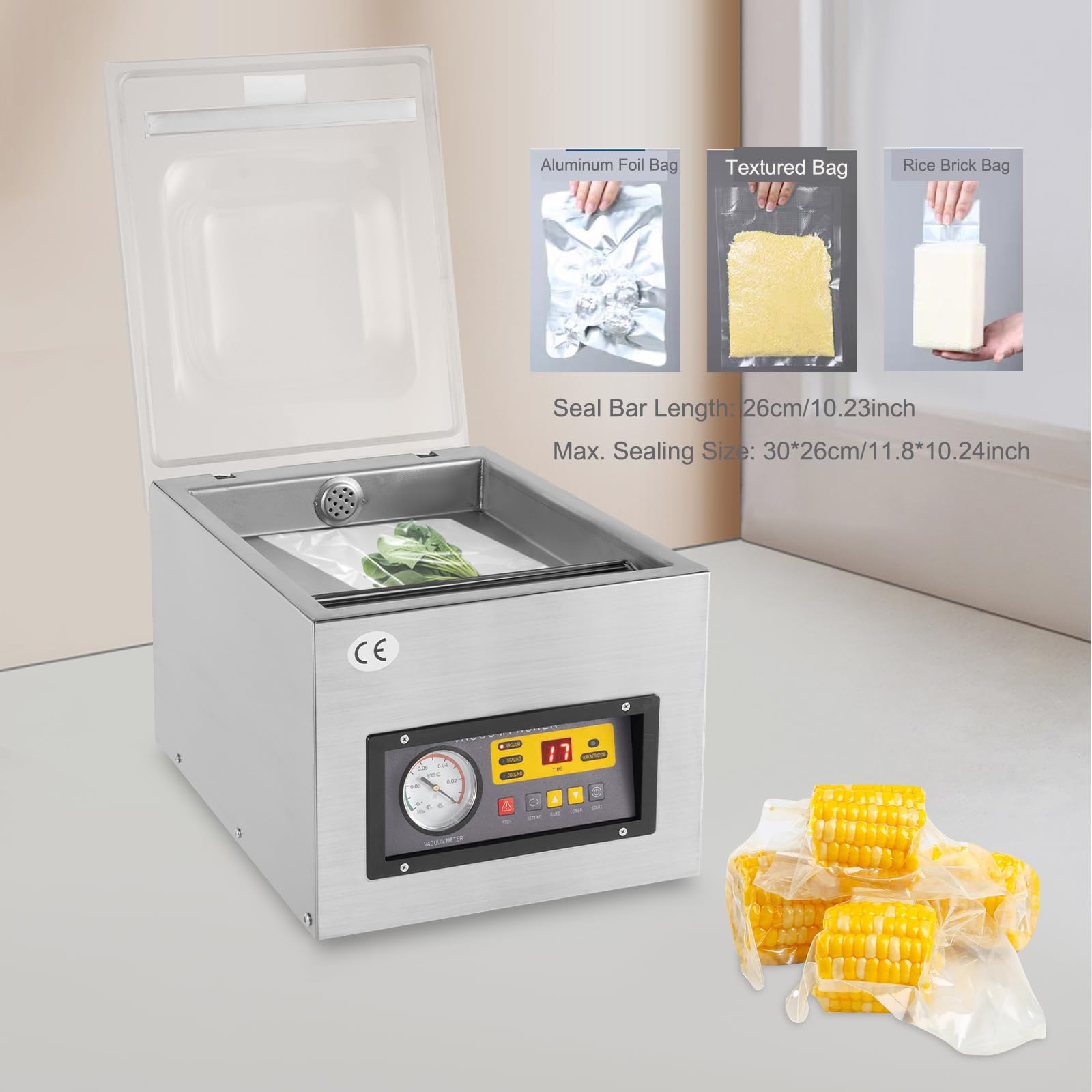 Envasadora al vacío 120W Sellador al Vacío de acero inoxidable Máquina Selladora de Cámara 30x25cm de Máx. Tamaño de Sellado, Hogar, Supermercado