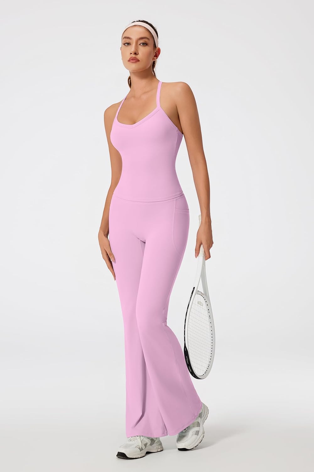 RXRXCOCO Cross Back Workout Sets for Women 2 Piece Padded Tank Tops Flare Leggings Gym Outfits with Pockets - Image 4