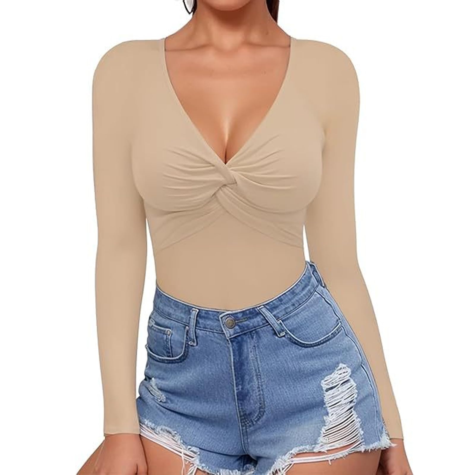 Body Femme Manches Longues Sexy Col V Bodysuit Top Chic Slim Fit Stretch Combinaison Jumpsuit Élégante Couleur Unie Une Pièce Bodys Automne Hiver Justaucorps Haut Top T-shirt