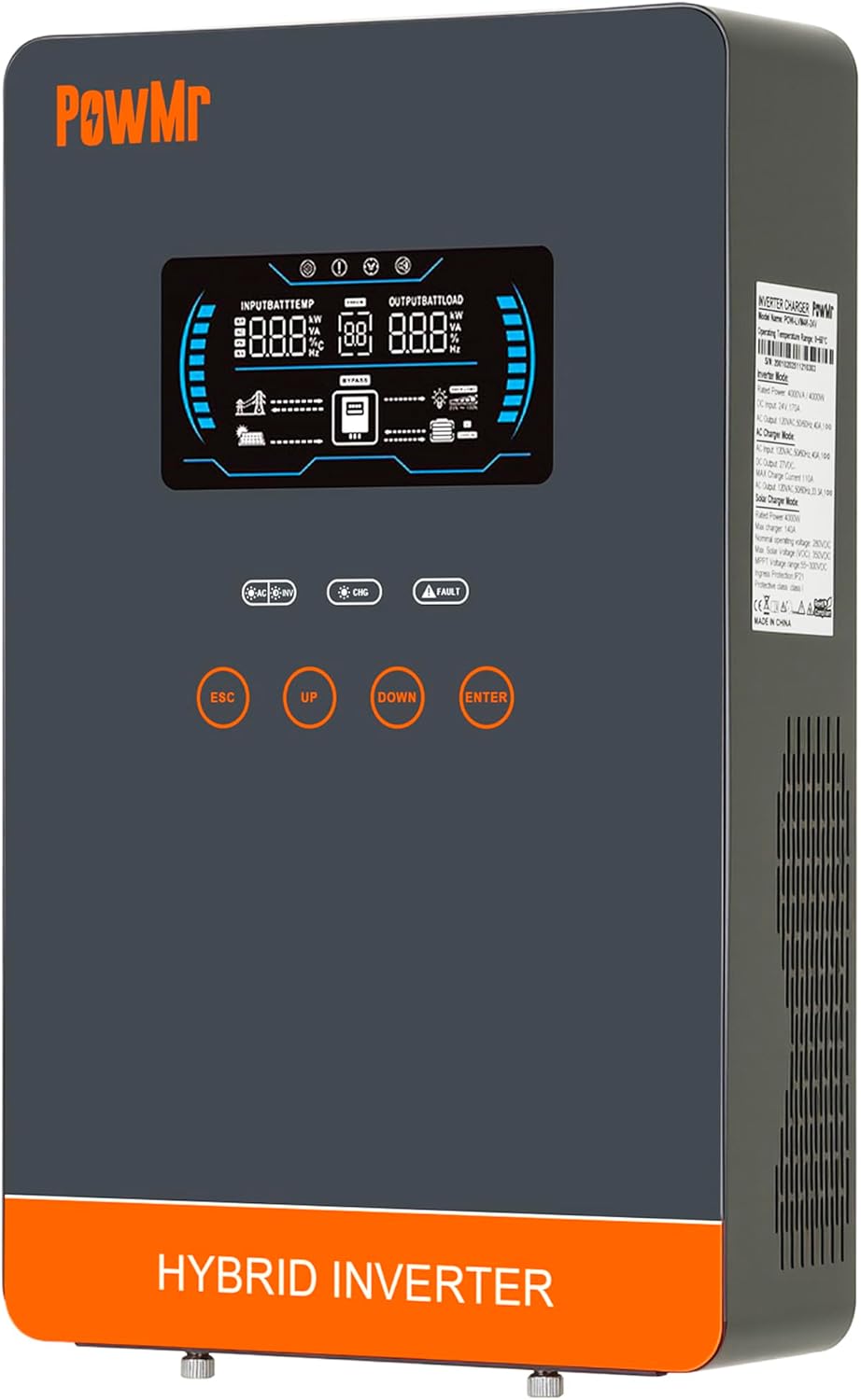 PowMr 4000W Hybrid Solar Inverter 24V to 120V Pure Sine Wave with Built-in 140A MPPT Controller, Glass Top LCD Display, Supports Battery-Less Run & AGM/Lithium Battery, for Home Off-Grid Backup Power