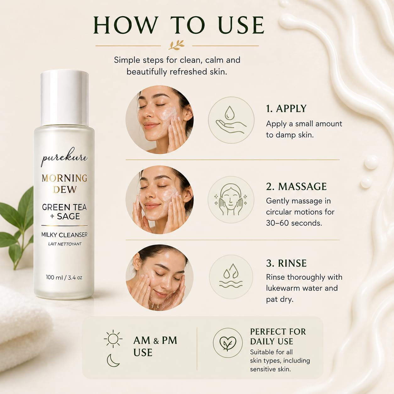 Milky Cleanser with Green Tea and Sage. Hydrating Organic Face Cleanser, Daily Gentle Non-Stripping Face Wash for Sensitve Skin, 100 mL
