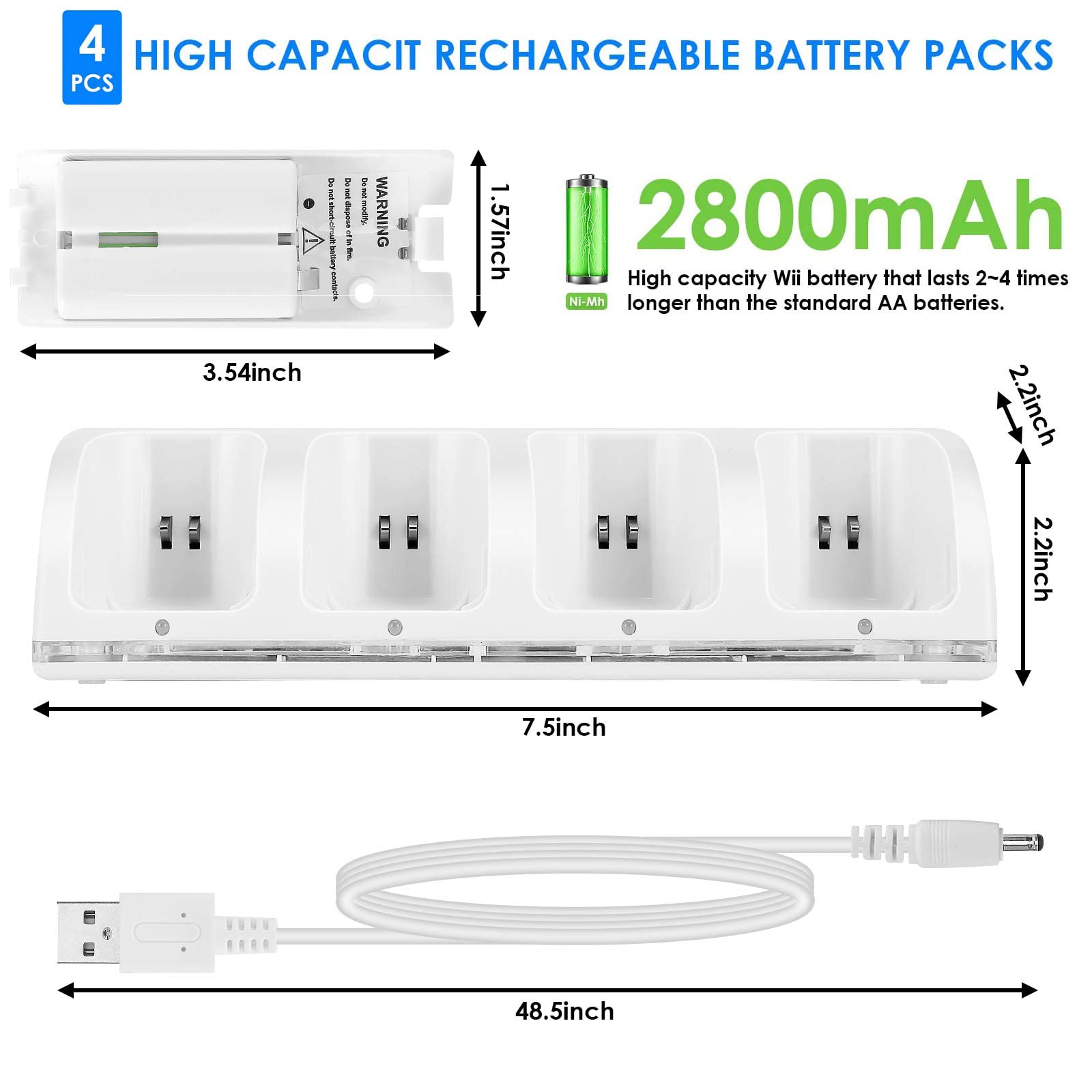 SOONHUA Stazione di Ricarica Wii 4 in 1 - Dock di Ricarica Controller Con 4 Batterie Ricaricabili E Indicatori Led per Telecomando - Bianco
