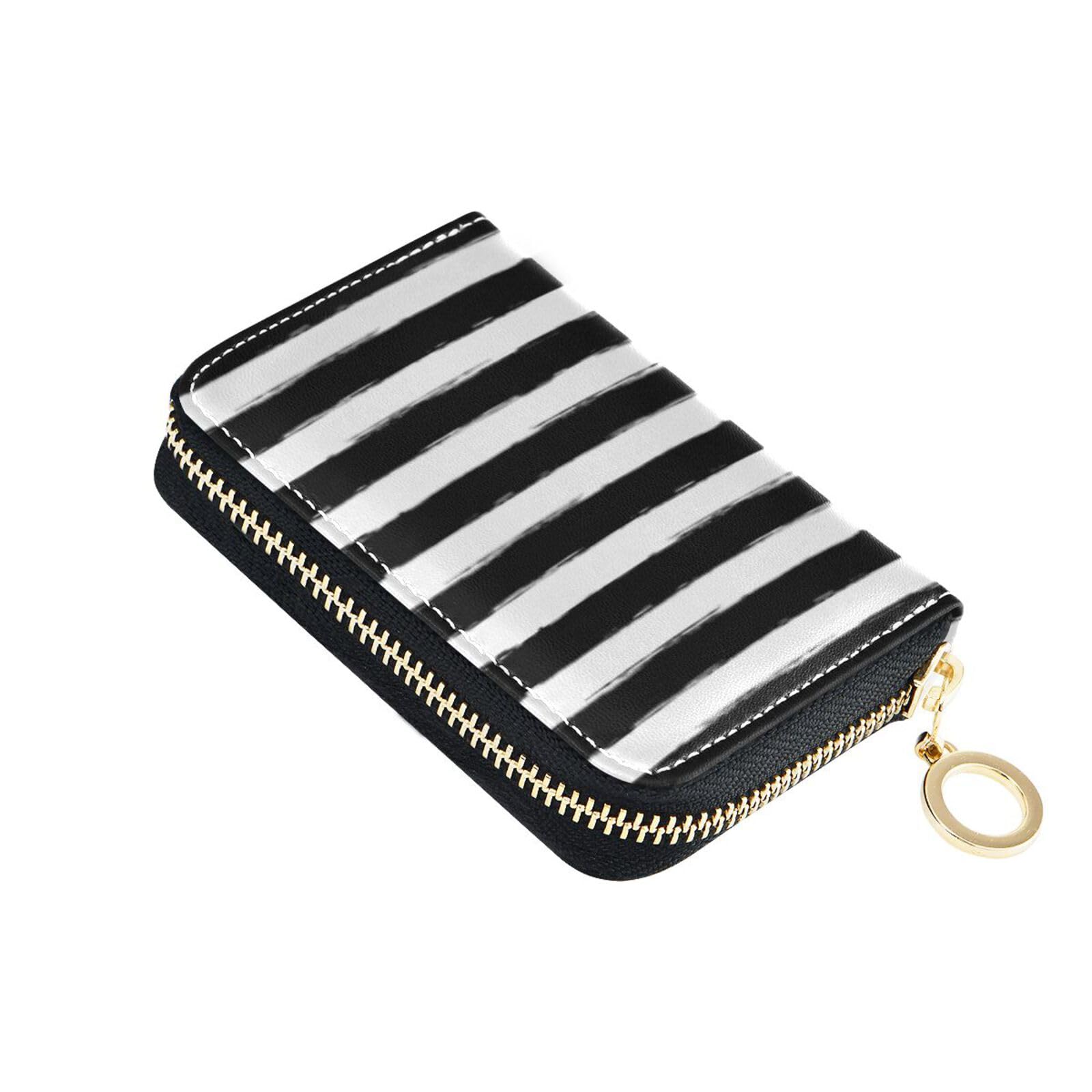 Sletend Black White Stripes RFID Credit Card Holder Leather With Zipper Card Case Wallet for Women Girls