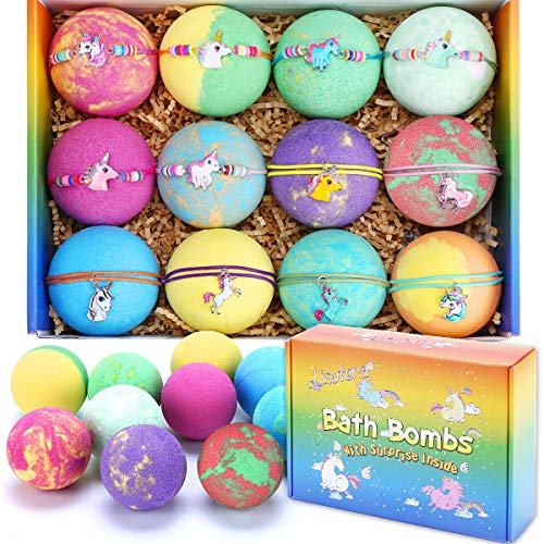 Bath Bombs for Kids with Surprise Inside for Girls Boys - 12 Pcs XXL Large Size Gift Set, Surprise Unicorn Bracelet Necklace, Handmade Bubble Bath Fizzies Spa Fizz Balls Kit