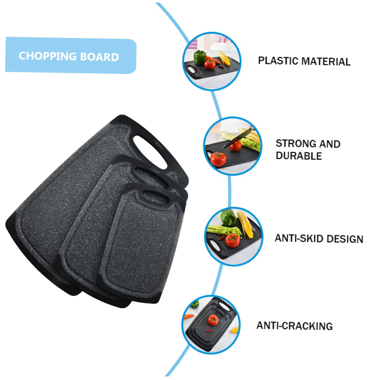 Tagliere Antiscivolo in Plastica Nero 3 Pezzi Spesso