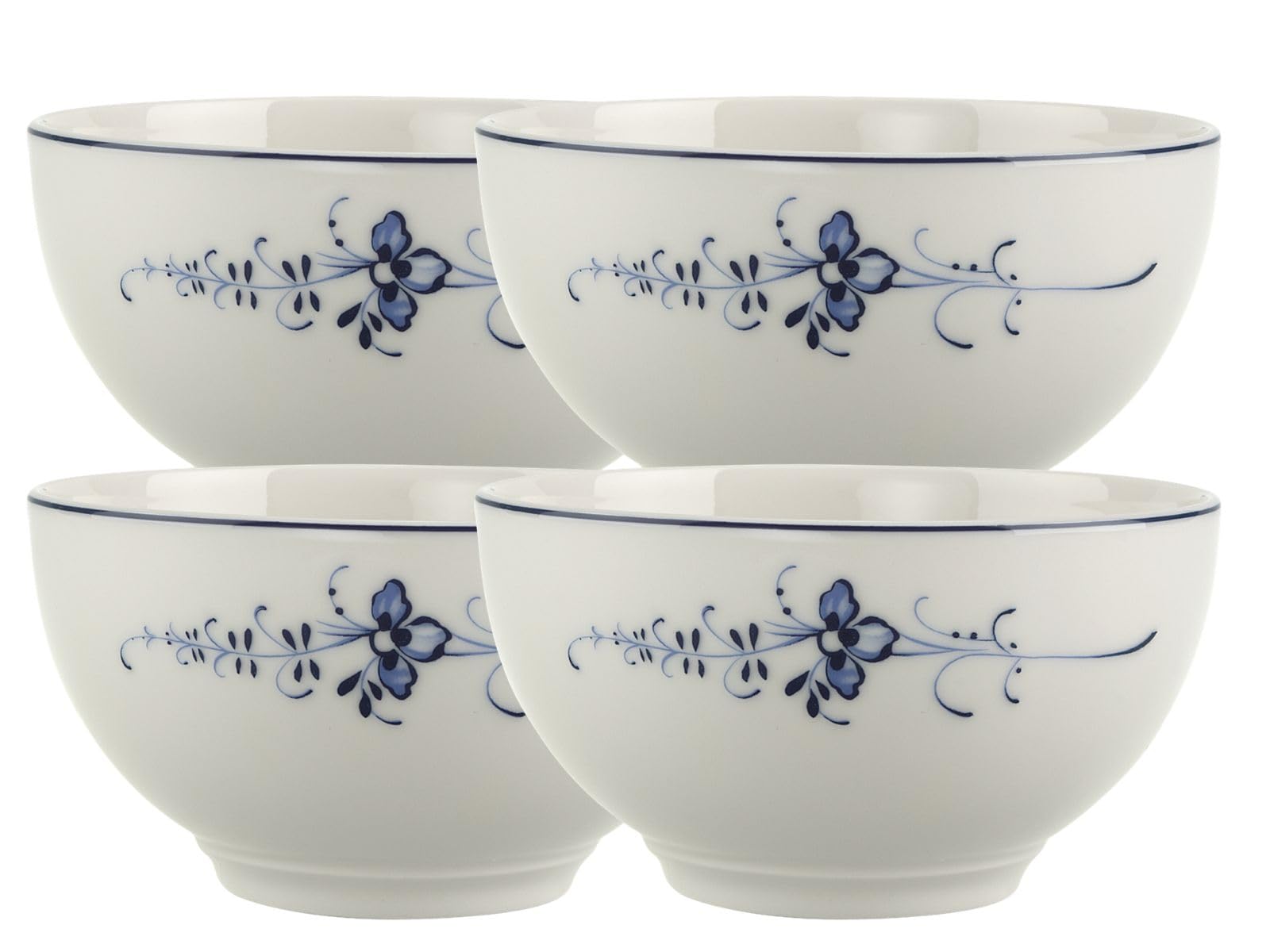 Villeroy & Boch Vieux Luxembourg Schalen 4er Set, 750 ml, Bol mit blauem Dekor, Premium Porzellan, Weiß/Blau