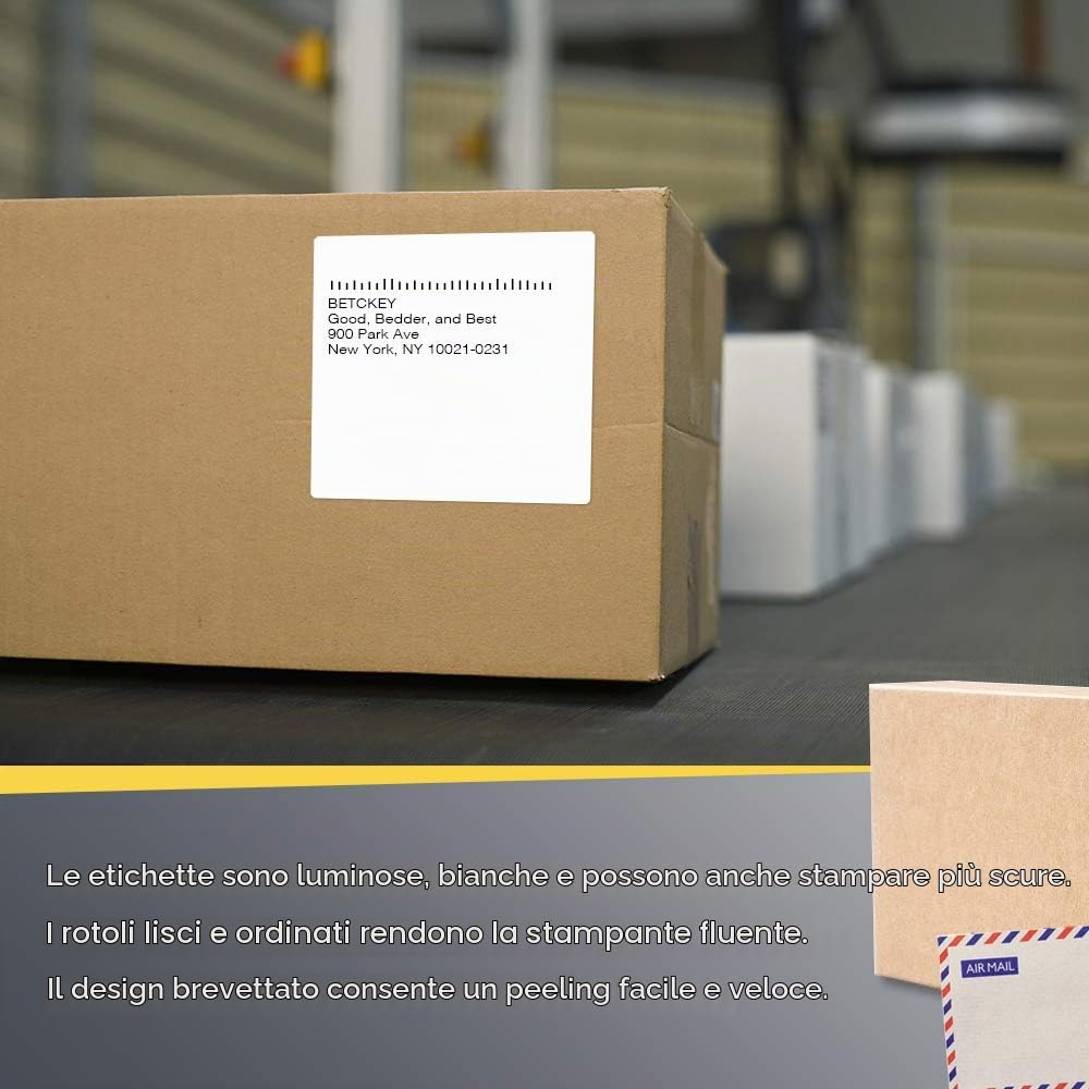 BETCKEY - 102mm x 102mm(4 in x 4 in) Perforated Etichette Termiche per Spedizione e Grandi Quadrate Compatibile con stampanti Zebra e altre [6 Rotoli/2100 Etichette]