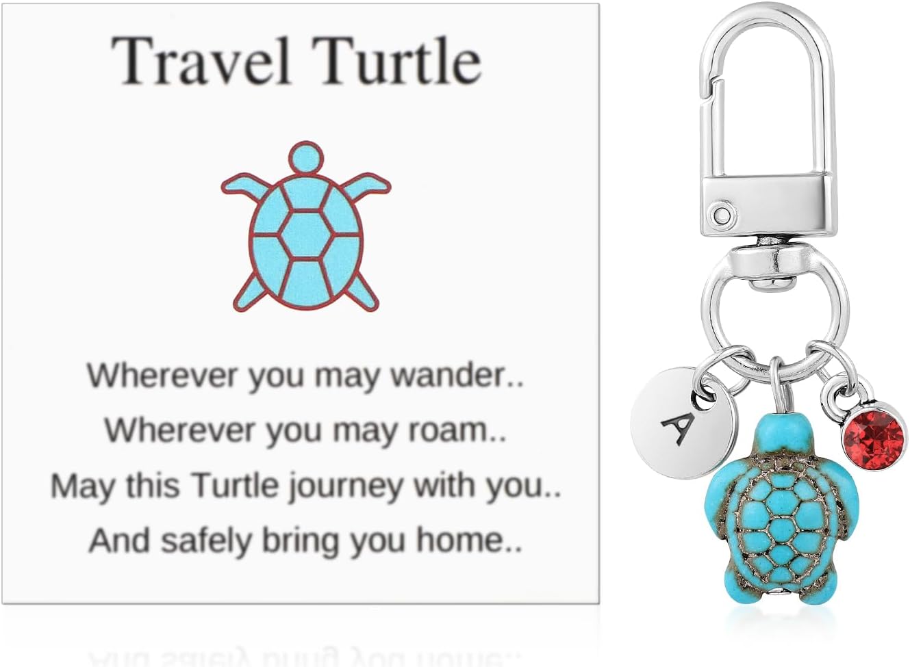 Travel Turtle Keychain, Cute Turtle Keyring with Red Gemstone & Encouragement Card Creative Name Initials Sea Turtle Pendants Good Luck Key Chain Gift for Family Friends