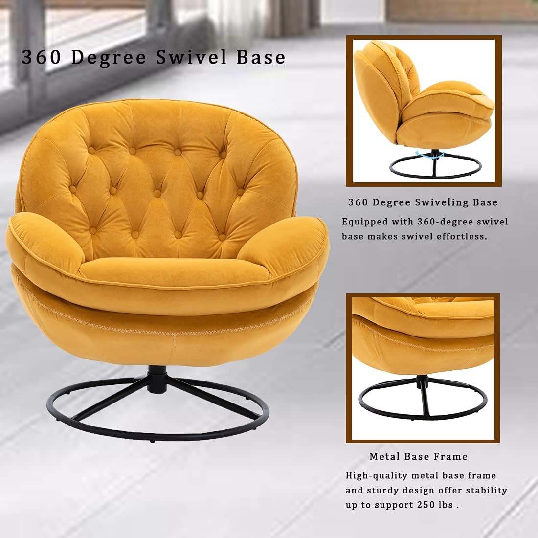 Velvet Swivel Accent Chair with Ottoman Set, Modern Lounge Chair with Footrest, Comfy Armchair with 360 Degree Swiveling for Living Room, Bedroom, Reading Room, Home Office, Metal Base Frame (Yellow) : Home & Kitchen