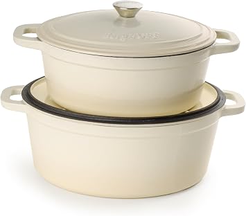 Berghoff Neo Enameled Cast Iron Oval Dutch Oven with Lid, 5 Quart | Induction Safe Cooking Pot for Stovetop to Oven, Easy Clean No Preseasoning, Self Basting Vapor Seal, Meringue Cookware Pot