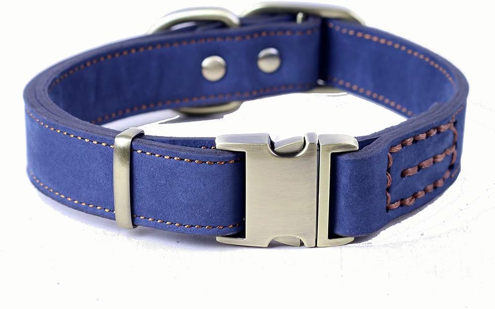 CHEDE Luxury Real Leather Dog Collar - Handmade, Hand-Stitched Genuine Leather, Blue, 13.5 to 19.2 Inches, Medium and Large Dog Breeds