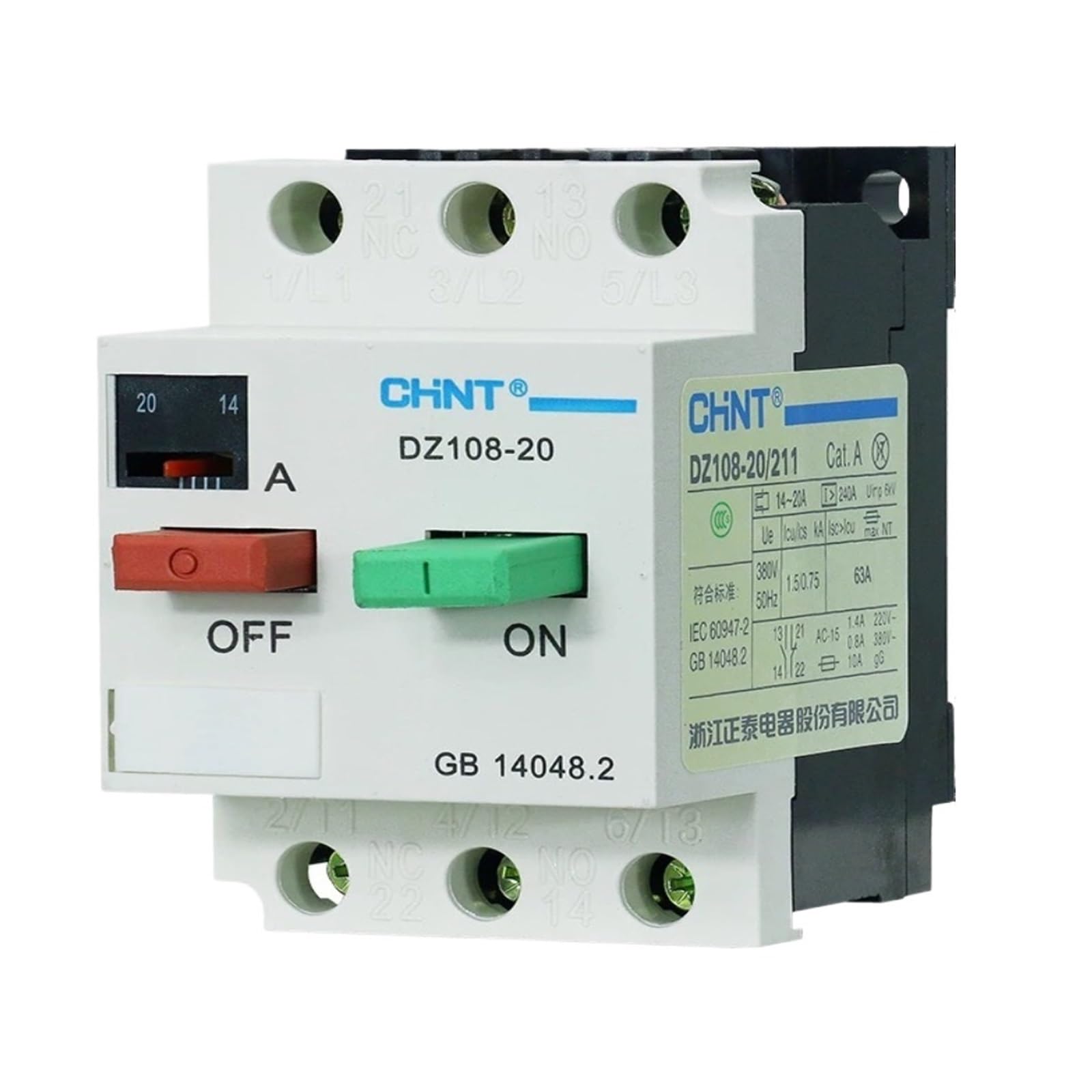NVSFZGIYG 1pcs Motor Protector Circuit Breaker DZ108-20/211 1NO+1NC 0.1-3.2A(0.4-0.63a)