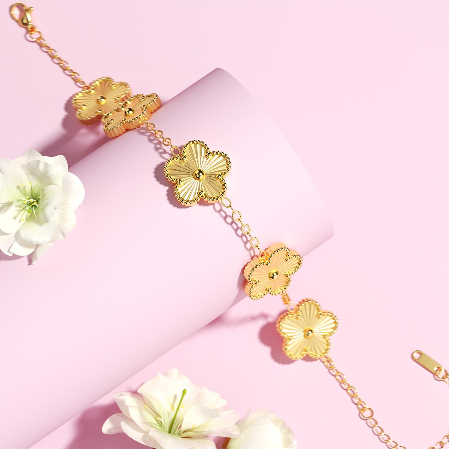AICase 18K Gold Plated Clover Bracelet Dupes Bracelet Set for Women Flower Leaf Lucky Clover Bracelets Trendy Jewelry Birthday Gifts for Women/MoM/Friends - Image 7