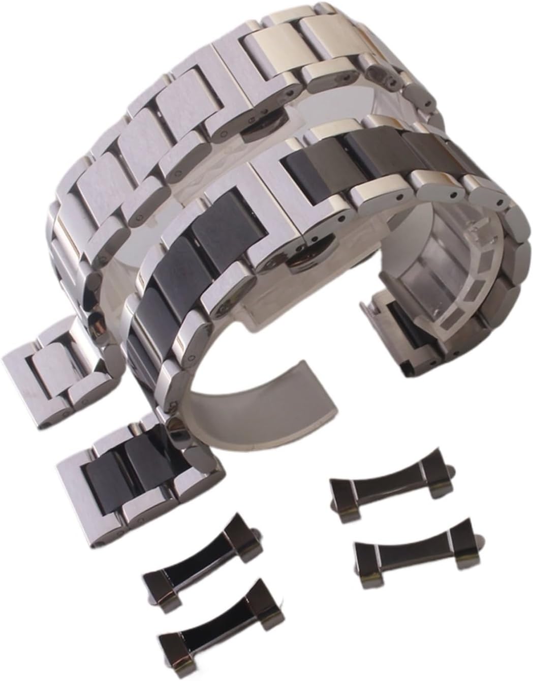 SDFFGHJ 18mm 19mm 20mm 21mm 22mm 23mm 24mm Silver Black Watchbands Stainless Steel Polished Watch Bands Strap Bracelet Free Curved Ends