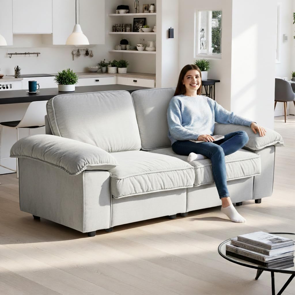 Ball & Cast 2 Sitzer Sofa mit Schlaffunktion - Couch mit Stauraum unter dem Sitz, 201x89x91 cm (BxHxT), Komfortabel für Moderne Wohnzimmer, Cremeweiß