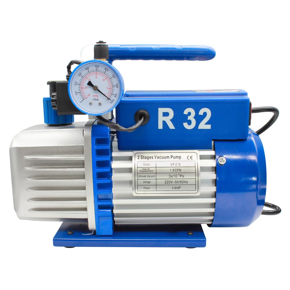 Bomba de Vacío de Doble Efecto para Aire Acondicionado R32 VP215 Bomba de Vacío Coche con Válvula Solenoide Manómetro para Mantenimiento de Aire Acondicionado Portátil para Refrigeración