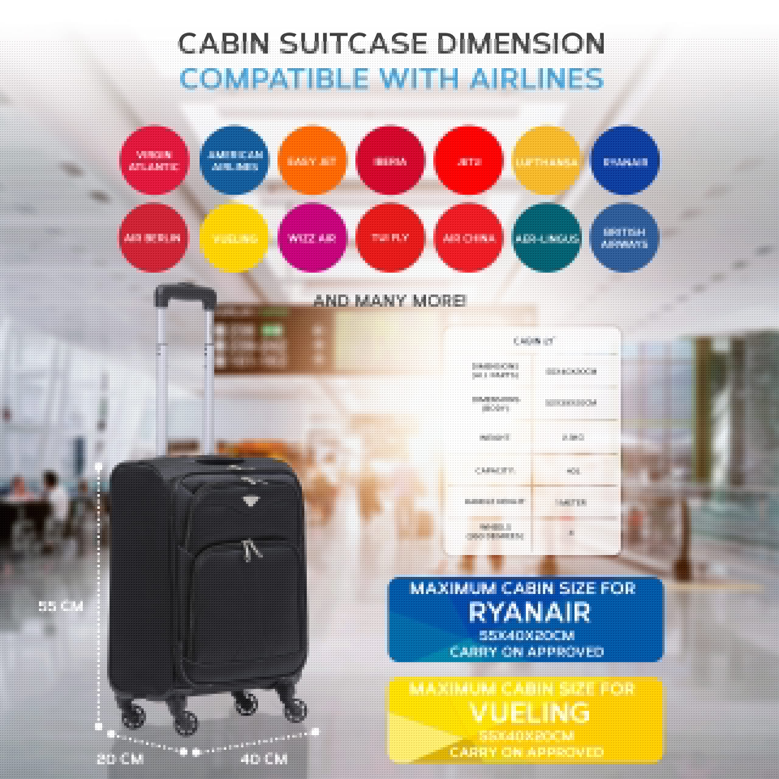 Flight Knight Set of 2 Lightweight 4 Wheel 800D Soft Case Suitcase Cabin Carry On Hand Luggage Ryanir Maximium prioirty Carry On Approved