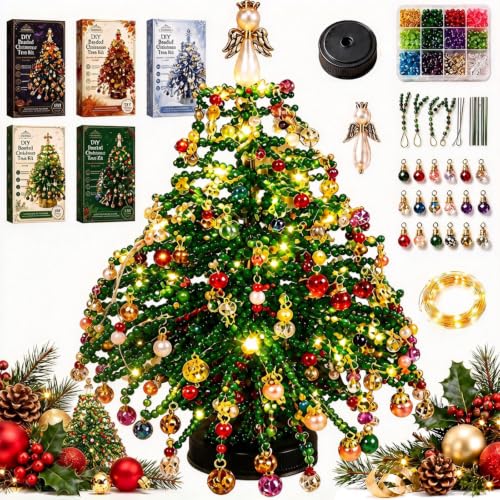 Beaded Christmas Tree Kit, DIY Christmas Tree Craft Kit with Lights, Handmade Beaded Christmas Tree Decoration, Tabletop Holiday Ornament Making Kit for Adults, Family Halloween & Christmas Crafts - image 1