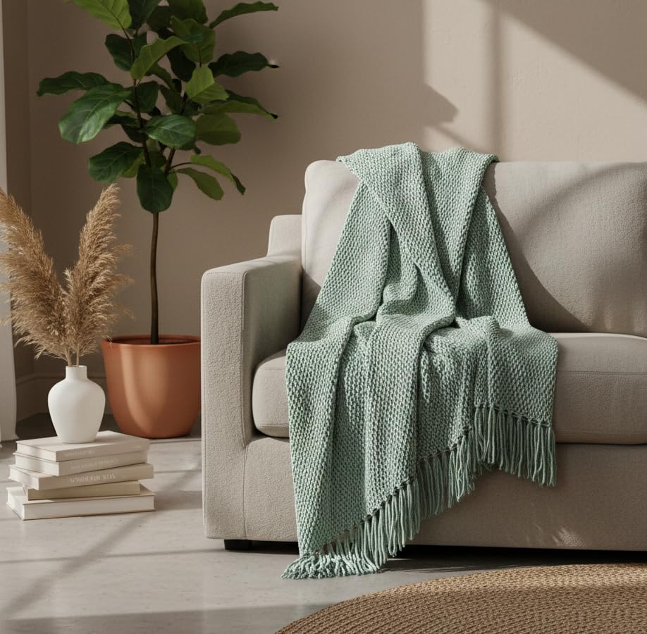 Image of Furnistitchs Bohemian Cotton Sofa Throw Blanket 50x60 inches | Waffle Knit & Chevron Pattern with Fringes | Aesthetic Decorative Couch Throw for Living Room & Bedroom (Green Pistachio)