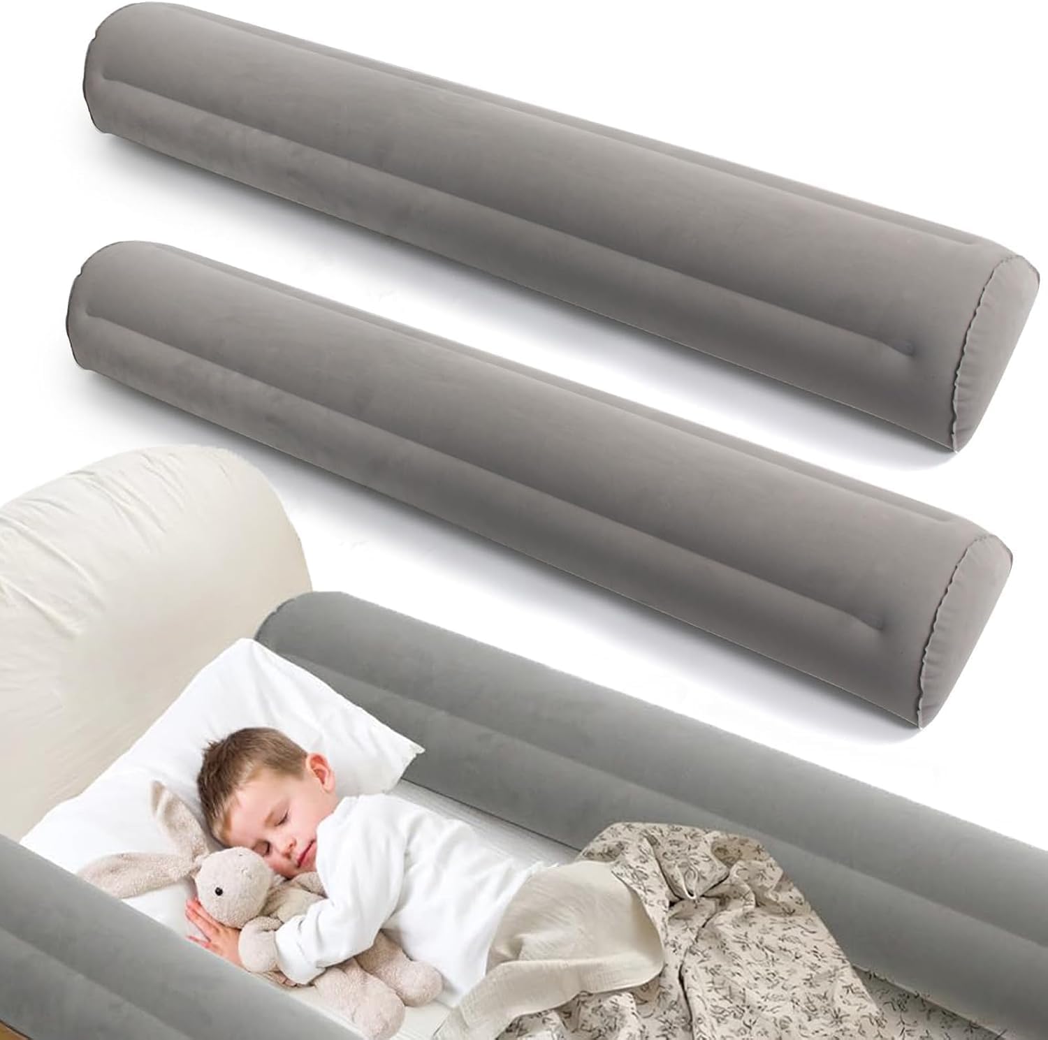 Lot de 2 protections anti-chute gonflables pour lit de voyage - Barrière de lit gonflable - 140 cm - Pour enfants et bébés (2 x gris)