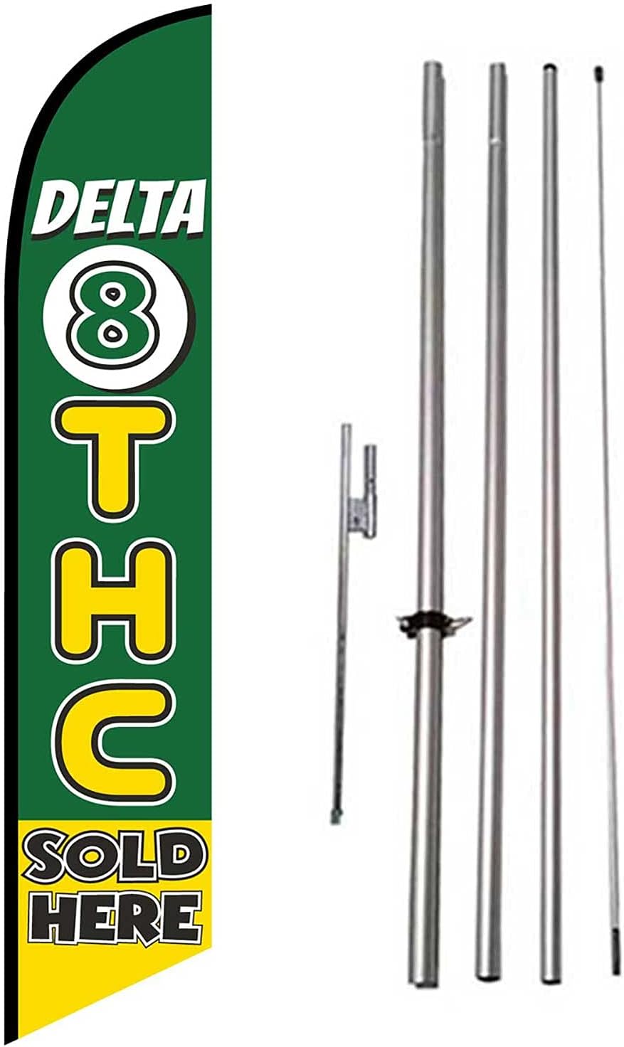 Delta-8 THC Sold Here Advertising Feather Banner Swooper Flag Sign with 15 foot Flag Pole Kit and Ground Stake
