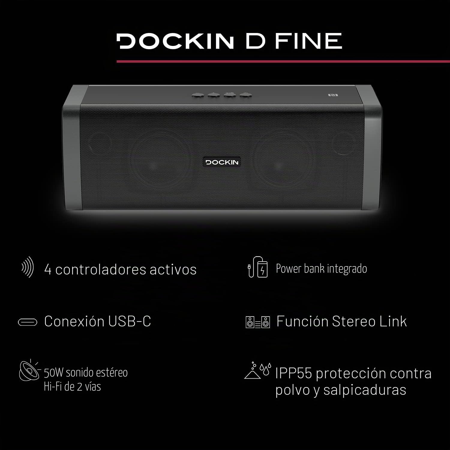 DOCKIN D Fine Altavoz Portátil Bluetooth de 50W Impermeable IP55, hasta 10 Horas de Reproducción con Sonido de Alta Fidelidad y Estereo, Powerbank, NFC, Negro, Diseñado en Alemania