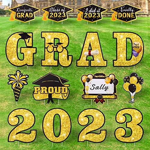 16 PCS 2023 Graduation Yard Sign Decorations,Glittering Congrats Grad Yard Sign with 32 Stakes,Waterproof Lawn Graduation Yard Signs,Suitable for 2023 Graduation Outdoor Party Decoration Supplies-Gold