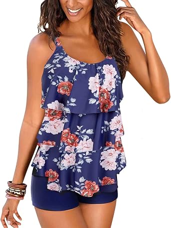 DOULAFASS Women Ruffle Tankini Set with Boyshort 2 Piece Plus Size Swimsuit  Swimwear : Amazon.co.uk: Fashion